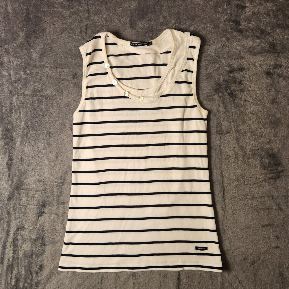Le Phare De La Baleine Womens L Navy White Striped Shell Button Tank Top Coastal